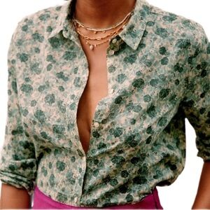 Sezane Pierro Coquette Green Floral Button-Down Shirt Size 8